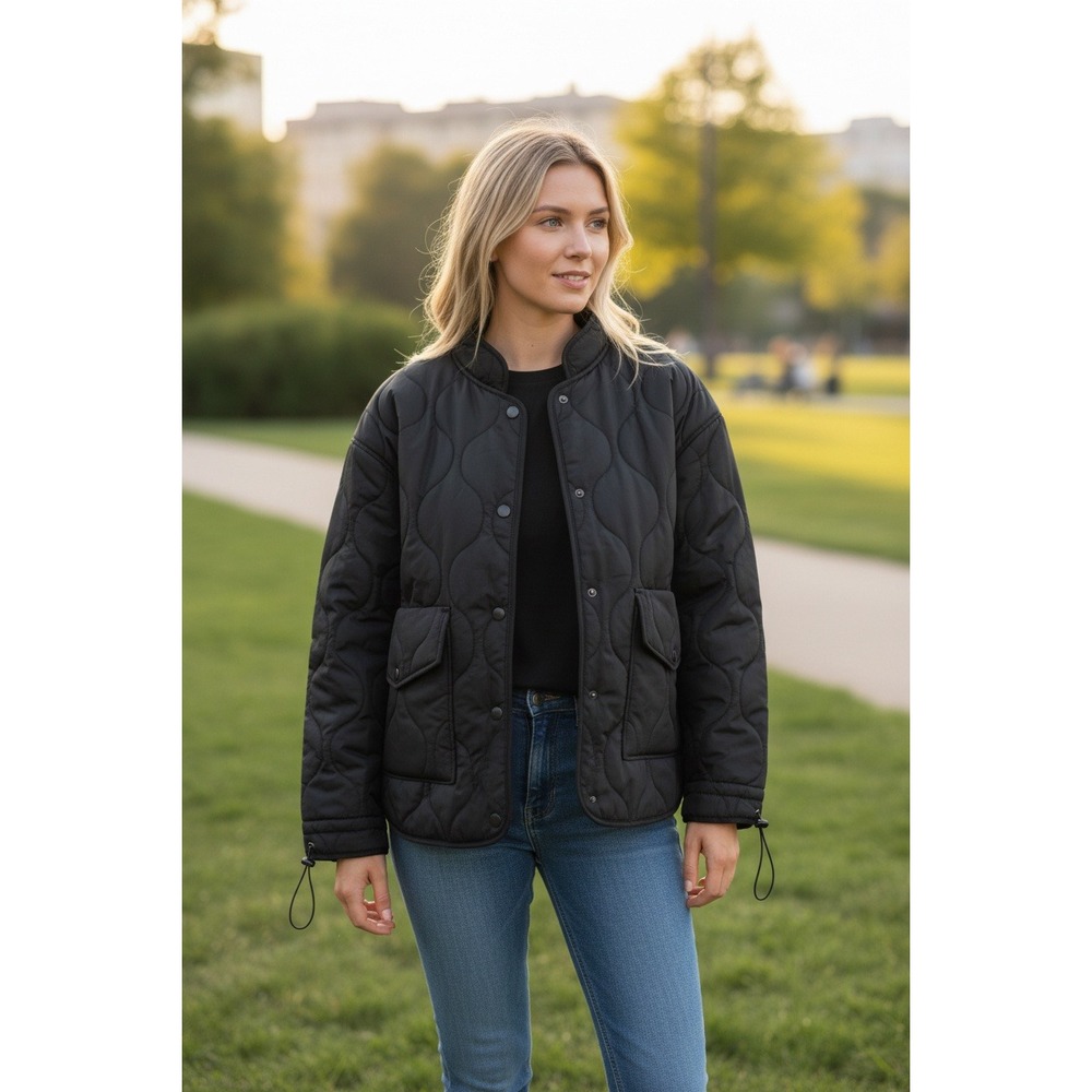 MEROKEETY Womens Quilted Jacket Black Snap Front Puffer Coat Size XL